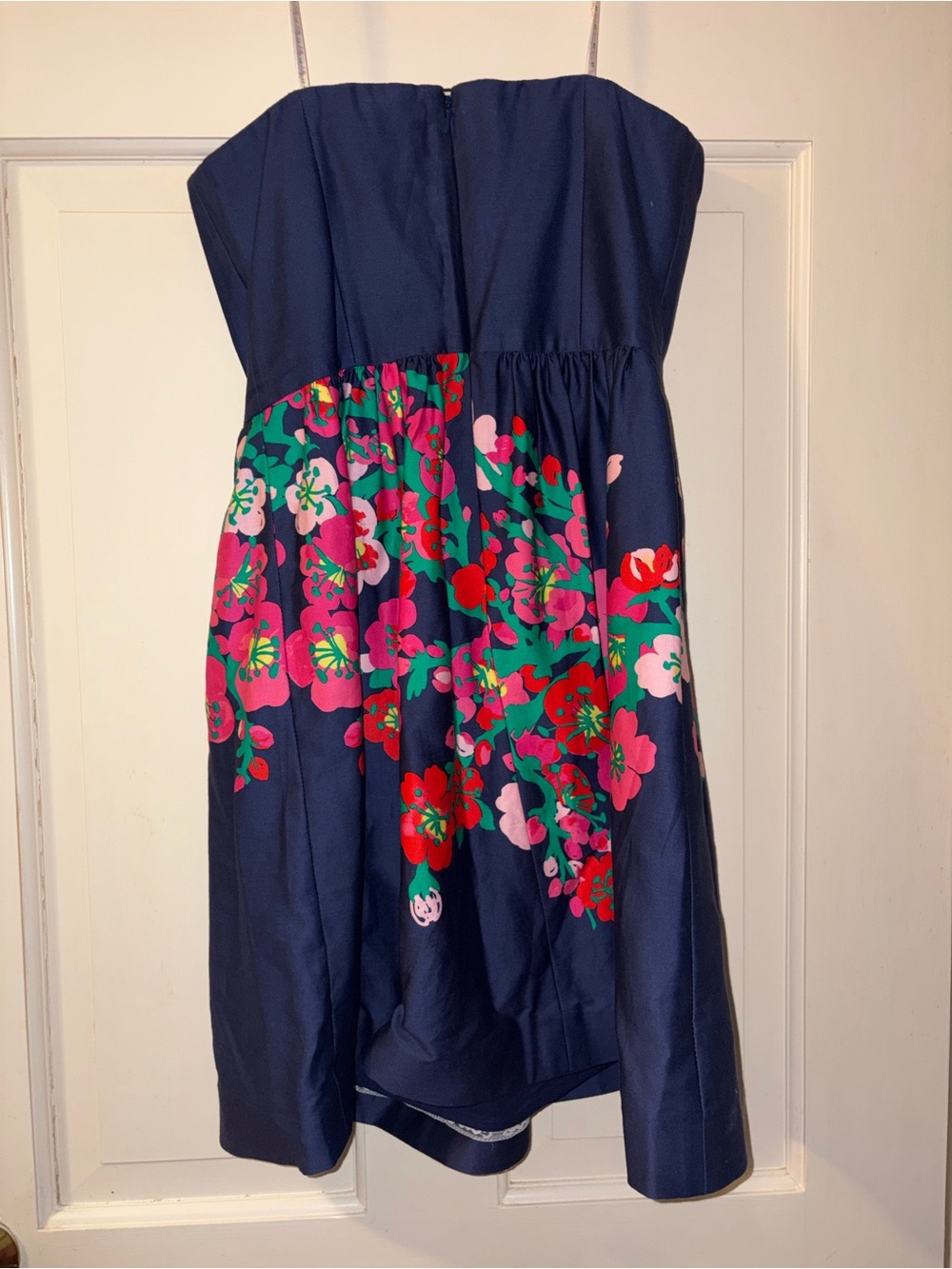 Lilly Pulitzer Navy Strapless Dress with Pink, Red & Green Floral Skirt - Picture 2 of 4